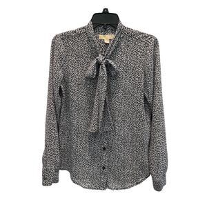 MICHAEL KORS Womens Small Black White Tie Neck Blouse Polyester Long Sleeve